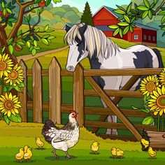 a horse standing next to a fence with chickens and sunflowers in the background