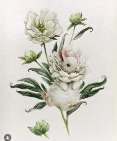 a painting of flowers and a mouse on a white background