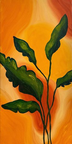 a painting of a green plant on an orange and yellow background