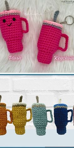 crocheted coffee mug cozyies are hanging from a line on a white wall