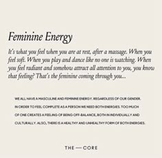 an advertisement with the words feminine energy written in black and white, on a beige background