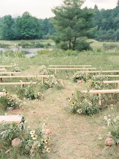 rows of wooden benches sitting on top of a grass covered field