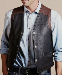 Brown Leather Outerwear For Western-themed Events, Black Leather Vest For Fall, Rugged Leather Vest Outerwear, Western Leather Vest For Fall, Brown Sleeveless Vest For Western-themed Events, Western Style Brown Vest For Western-themed Events, Brown Western Vest For Western-themed Events, Rugged Brown Vest For Fall, Fitted Western Leather Vest