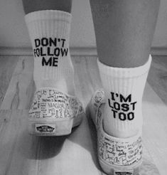 Be bold and unique with our "Don't Follow Me I'm Lost Too" socks. These high-quality socks feature a funny and relatable message that is perfect for anyone who has ever felt lost in life. Made of soft , comfortable fabric, these socks are perfect for daily wear. Order now and add a touch of humor to your socks collection from Cosmique Studio. Gender: Unisex Item Type: Sock Sock Type: Casual Material: 100% Cotton Thickness: Thick Trendy Cotton Socks With Letter Print, Trendy Letter Print Cotton Socks, Trendy Cotton Letter Print Socks, Casual Cotton Letter Print Socks, Cute White Socks With Letter Print, White Casual Socks With Graphic Print, Casual White Socks With Graphic Print, Cotton Socks With Letter Print For Streetwear, Aesthetic Socks