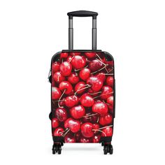 "Does it get any sweeter than this? Arrive in style with these delightful cherry printed suitcases! Traveling is best done in style, and suitcases help anyone do exactly that. Available in multiple sizes to accommodate your needs, they come with an adjustable handle, 360 degree swivel wheels, a safety lock, and an adjustable handle for carefree movement through airports and cities. To achieve high-resolution designs, my cherries are printed on a canvas surface that is encapsulated in the PC shell. Material: polycarbonate front and ABS back hard-shell  Features Adjustable telescopic handle Removable inner lining under a black rubber seal Two inner pockets Four double-wheels with 360o swivel  Built-in lock Small - 22.40\" x 13.30\" x 9.05\" Handle Length 21.46\" This small sized suitcase mee Red Rectangular Bags For Business Trips, Rectangular Red Bags For Business Trips, Red Luggage With Sleeve For Overnight Trips, Red Luggage With Sleeve For Trip, Red Rectangular Travel Accessories, Red Rectangular Luggage For Overnight Trips, Red Travel Bag With Luggage Sleeve For Trips, Red Rectangular Travel Bag With Luggage Sleeve, Red Travel Accessories With Luggage Sleeve For Trip