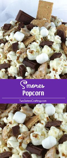 a bowl filled with s'mores popcorn and marshmallows