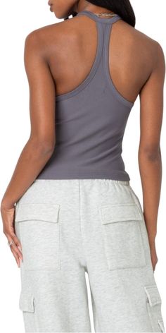 EDIKTED Racerback Stretch Tank | Nordstrom Gray Athleisure Tank Top With Built-in Bra, Casual Gray Tank Top With Built-in Bra, Casual Tank Top With Scoop Back And Seamless Construction, Casual Stretch Tank Top With Scoop Back, Athleisure Stretch Racerback Tank Top, Stretch Racerback Tank Top For Athleisure, Sporty Stretch Racerback Tank Top, Casual Racerback Tank Top For Workout, Basic Solid Color Racerback Tank Top