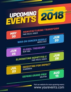 an event poster for upcoming events, including the upcoming year's dates and times