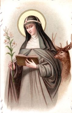 an image of the virgin mary holding a book with deer in it's hand