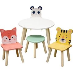 three children's wooden chairs and stools with animal faces on the top one