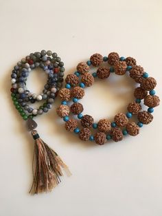 Rudraksha Mala Necklace. 15mm Rudraksha with Alternating Turquoise 8mm Beads. For Mindfulness Meditation Rudraksha Mala, Buddhist Meditation, Amber Resin, Adjustable Knot, 8mm Beads, 108 Mala Beads, 108 Bead, Mala Bracelet, Mala Necklace