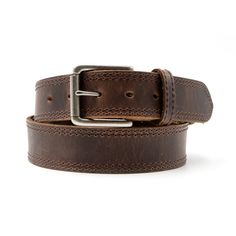 Product Details: Double stitch work belt with roller buckle Brown/Black Belt width: 1 1/2" 100% full-grain leather Buckle finish: Antique silver Western Belts With Belt Loops For Everyday Use, Classic Adjustable Belt Buckles In Bridle Leather, Classic Adjustable Belt Buckle In Bridle Leather, Classic Adjustable Bridle Leather Belt Buckles, Classic Adjustable Leather Belt Buckles, Classic Adjustable Leather Belt Buckle, Rustic Leather Belt Buckle With Removable Belt, Classic Distressed Brown Belt With Antique Buckle, Leather Western Belts For Everyday