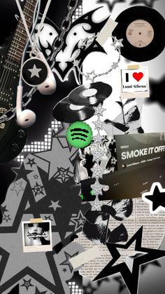 an assortment of music related items are arranged in the shape of a collage with stars