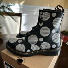 Dr. Martens 1460 Polka Dot Smooth Leather Lace Up Boots Sizes Women’s 7, 8 Color: Black Polka Dot Smooth Set On A Smoke Dms Sole, The Boots Are Printed All Over In Full-Volume Polka Dot. Brand New In Box. Dr Martens Boots Women, Voss Sandals, Doc Martens Boots, White Ankle Boots, Full Volume, Lug Sole Boots, Canvas Boots, Dr Martens Boots, Leather Oxford Shoes