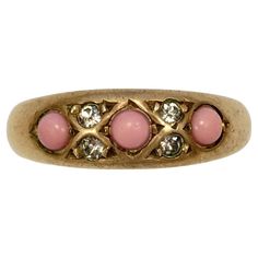 Beautiful antique gold gilt metal ring, set with three pink glass stones and four clear paste stones. Ring size UK J 1/2, US 5, and measuring inside diameter approximately 1.6 cm / .6 inch. There is wear and scratching as expected. This is an exquisite antique ring dating to around the Victorian era. Argyle Pink Diamonds, J 1, Gold Rings Fashion, Antique Ring, Radiant Diamond, Dress Rings, Pink Ring, Gold Plated Rings, Eternity Band Diamond