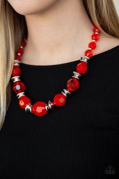 Dine and Dash - Red Item #JJG-N508 Infused with shimmery silver accents, faceted red beads gradually increase in size as they join below the collar for a fiery springtime look. Features an adjustable clasp closure. All Paparazzi Accessories are lead free and nickel free! Sold as one individual necklace. Includes one pair of matching earrings. Red Beaded Necklaces, Red Beads, Red Necklace, Paparazzi Accessories, Paparazzi Jewelry, Affordable Jewelry, Red Bead, Short Necklace, Silver Accents