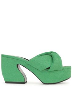 green nappa leather high sculpted heel branded footbed crossover fabric strap open toe platform sole Denim Mules, Platform Mules, Suede Mules, Fabric Strap, Platform Heel, Sergio Rossi, Leather Mules, Nappa Leather, Mule Clogs