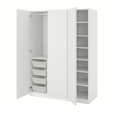 an open white cabinet with drawers and shelves