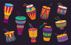 an assortment of colorful musical instruments on a black background