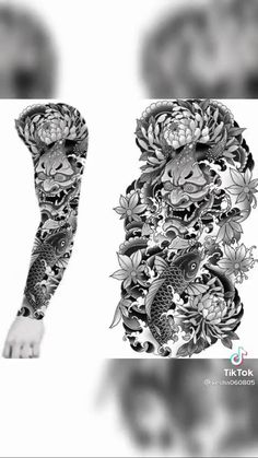 an artistic tattoo design with fish and flowers on the arm, hand and leg sleeve