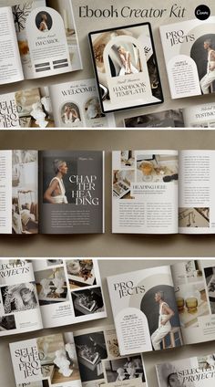 the inside pages of a magazine with photos and text on it, all lined up