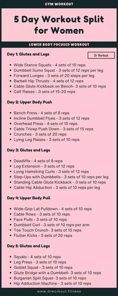 the 5 day workout plan for women is shown in black and pink with white text