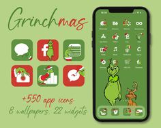 an iphone with the grinmas app on it and christmas icons in red, green and white