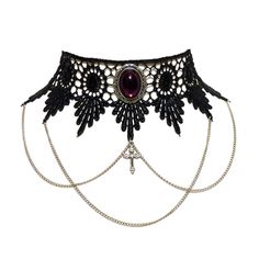 This choker combines the elegance of black venise lace with a beautifully ornate Amethyst purple pendant (26 x 22 mm), draped chains and a small central cross (20 x 10 mm).  The lace is finished off securely with an extender chain which allows the necklace/choker to be worn at any size from 13 to 15.5 inches. With the addition of an extender chain you can be sure of getting the fit you want and can choose between wearing the choker higher or lower on the neck.  This item can be made larger or sm Chains Cross, Gothic Choker Necklace, Gothic Choker, Purple Pendant, Gothic Chokers, Goth Wedding, Lace Choker, Victorian Steampunk, Purple Lace