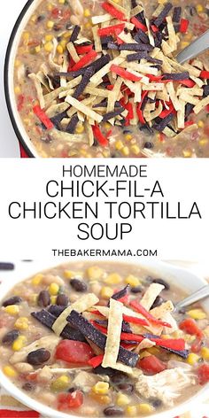 two pictures of homemade chicken tortilla soup with corn, tomatoes and black beans