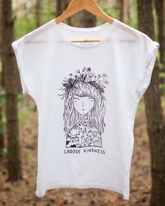 Inspirational T-shirt propagating a cruelty-free way of living. This kind and nature-loving lady will brighten up every day and help you share KINDNESS and EMPATHY with the rest of the world - I think we all need it now more than ever :)  A perfect gift for a vegan, vegetarian, animal activist, pacifist or anyone else who cares about animals and the future of our Planet :) PRODUCT TESTED ON HUMANS  ---------- Materials: - Super soft, High Quality 100% Cotton - Eco-friendly water based ink ---------- SIZE: Ladies T-shirt - Loose Fit: S - Half Chest: 45 cm, Body Length: 62 cm M - Half Chest: 49 cm, Body Length: 67 cm L - Half Chest: 53 cm, Body Length: 72 cm *Human being in the photos is 171cm tall (5′ 7 ft) and is wearing a Medium size T-shirt ---------------- 100% Environmentally Friendly Gift Tissue Paper, Hipster Gifts, Animal Activist, Choose Kindness, Woman Power, Power Animal, Ladies T Shirt, Eco Friendly Gifts, Powerful Women