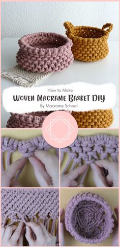 crocheted baskets with text overlay that says how to make woven marrame basket diy