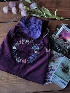 Embroidered velvet pouch, extremely versatile and can hold all your personal belongings, neatly detailed embroidered flowers Pouch Embroidery, Purple Pouch, Embroidered Pouch, Embroidered Napkins, Embroidered Velvet, Embroidered Tablecloth, Personal Belongings, Embroidered Heart, Cottagecore Aesthetic