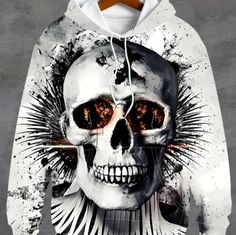 This Black And White Hoodie Is Exquisite Urban Skull Print Hoodie For Fall, Urban Hoodie With Skull Print For Fall, Urban Style Skull Print Hoodie For Fall, Fall Urban Hoodie With Skull Print, Urban Style Hoodie With Skull Print For Fall, White Punk Hooded Hoodie, White Hooded Punk Hoodie, White Punk Hoodie, Urban Hoodie With Skull Print