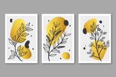 three yellow and black paintings on white paper with leaves, dots and circles in the background