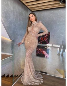 Luxury Evening Dress Gold Beaded Long Sleeve Mermaid Prom Dress, High Neck Prom Dress, Stylish Gown, Gold Evening Dresses, Dresses Fancy, Dress With Sequins, Long Sleeve Prom, Sequin Prom Dress, Braut Make-up