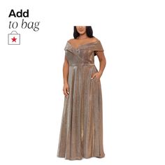 in stock Metallic Gown, Gowns Online, Review Dresses, Sand Color, Plus Size Dresses, Floor Length, Plus Size Outfits, Off The Shoulder, Formal Dresses Long