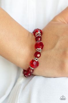 Infused with dainty silver beads, a collection of faceted red crystal-like beads are threaded along a stretchy band around the wrist for a glamorous look. Sold as one individual bracelet. P9RE-RDXX-103XX Glamorous Look, Garnet Crystal, Bracelet Crystal, Red Bracelets, Paparazzi Accessories, Stretchy Bracelets, Paparazzi Jewelry, Red Crystals, Black Rings