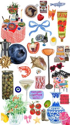 a collage of various items that include vases, fruit and other decorative objects