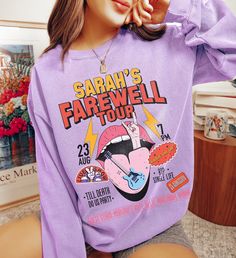 ✺ CUSTOM FAREWELL TOUR  BACHELORETTE SWEATSHIRT  ✺ Get this trendy Comfort Colors sweatshirt ! Rock your bachelorette party with these matching sweatshirts. Customize them the way you need ! * Q U I C K F A C T S * This design is a unique, one-of-a-kind awesome illustration that has been created in house. ✺ 80% ring-spun cotton, 20% polyester ✺ Medium heavy fabric ✺ Relaxed fit Please note that colours may appear different on different digital screens and may not be a true representation of the Long Sleeve Concert T-shirt For Spring, Spring Concert Long Sleeve T-shirt, Long Sleeve T-shirt For Spring Concert, Punk Letter Print Sweatshirt For Concert, Punk Style Letter Print Sweatshirt For Concert, Retro Graphic Print Sweatshirt For Concerts, Pop Culture Crew Neck Top For Music Festivals, Retro Fall Concert Tops, Retro Fall Tops For Concert