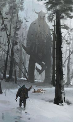 a man walking through a forest next to giantfoots in the snow and trees