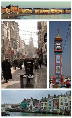 the collage shows several different views of buildings and people walking on the sidewalk, along with a clock tower