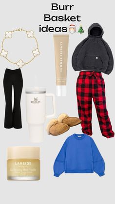 the contents of a woman's outfit including sweaters, pants and coffee mug