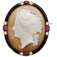 c1850 Carved French Maiden Cameo in Agate with Rubies Pearls in 18 Karat Yellow Gold | From a unique collection of vintage Brooches at https://www.1stdibs.com/jewelry/brooches/brooches/. Elegant Carved Agate Jewelry, Silver Pendant Lamp, St Michael Pendant, Gold Pearl Jewelry, Silver Diamond Necklace, Yellow Jewelry, Cameo Jewelry, Gold Locket, Yellow Gold Jewelry