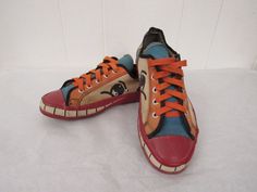 "Vintage 1960s multi color pop art shoes, canvas sneakers. Designed by Peter Max. All original with original laces. Made by Randy. Size 5. Actual measurements are: 10 1/4\" toe to heel across the soles 3 5/8\" across the soles widest point (ball of the foot) In very good condition with some color spots on the insoles." Pop Art Shoes, Shoes Vintage Sneakers, 1960s Shoes, Art Shoes, Peter Max, Vintage Sneakers, Shoes Vintage, Shoe Art, Vintage Canvas