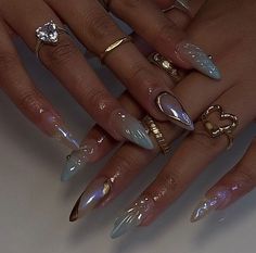 Seashell Nails Design Summer, Call Acrylic Nails, Nails Inspiration Unique, Green Ethereal Nails, Birthday Nails Stiletto Short, Coffin And Stiletto Nails Together, Beach Vibes Nails, Birthday Nails 2023, Short Mermaid Nails