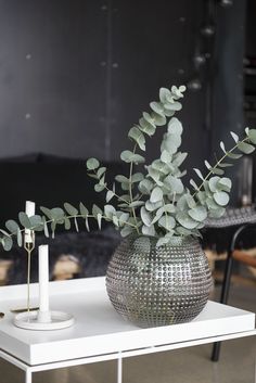 a white table topped with a vase filled with green plants