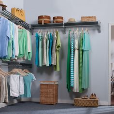 an organized closet with clothes and baskets