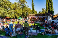 a crowd of people sitting on top of a grass covered field next to trees and picnic tables