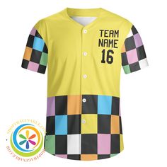 Get ready to knock it out of the park in our Funky Checkered Unisex Baseball Jersey! Bold, bright, and oh so funky, this jersey will elevate your team's style and guarantee a win. A must-have for any team looking to stand out and have fun on the field. We create funky & fun! Personalized with your Team's name, player's number and name! 100% Polyester material for men's baseball shirts Available sizes: S-4XL suitable for unisex wear Lightweight and soft fabric with short sleeves 5 Buttons closure Multicolor Sublimation Sports Shirt With Moisture-wicking, Team-colored Jersey For Game Day, College Jersey For Team Spirit, Varsity Jersey With Sublimation Print For College, Multicolor Team Jersey For Sports Events, Multicolor Sports Jersey For Sports Events, Team-colored Jersey With Baseball Collar, Varsity Jersey With Sublimation Print, Team-colored Jersey With Baseball Collar For Team Spirit