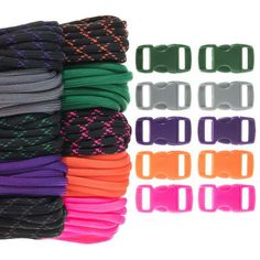 various colors of bracelets are shown on a white background, including black, purple, green, and pink